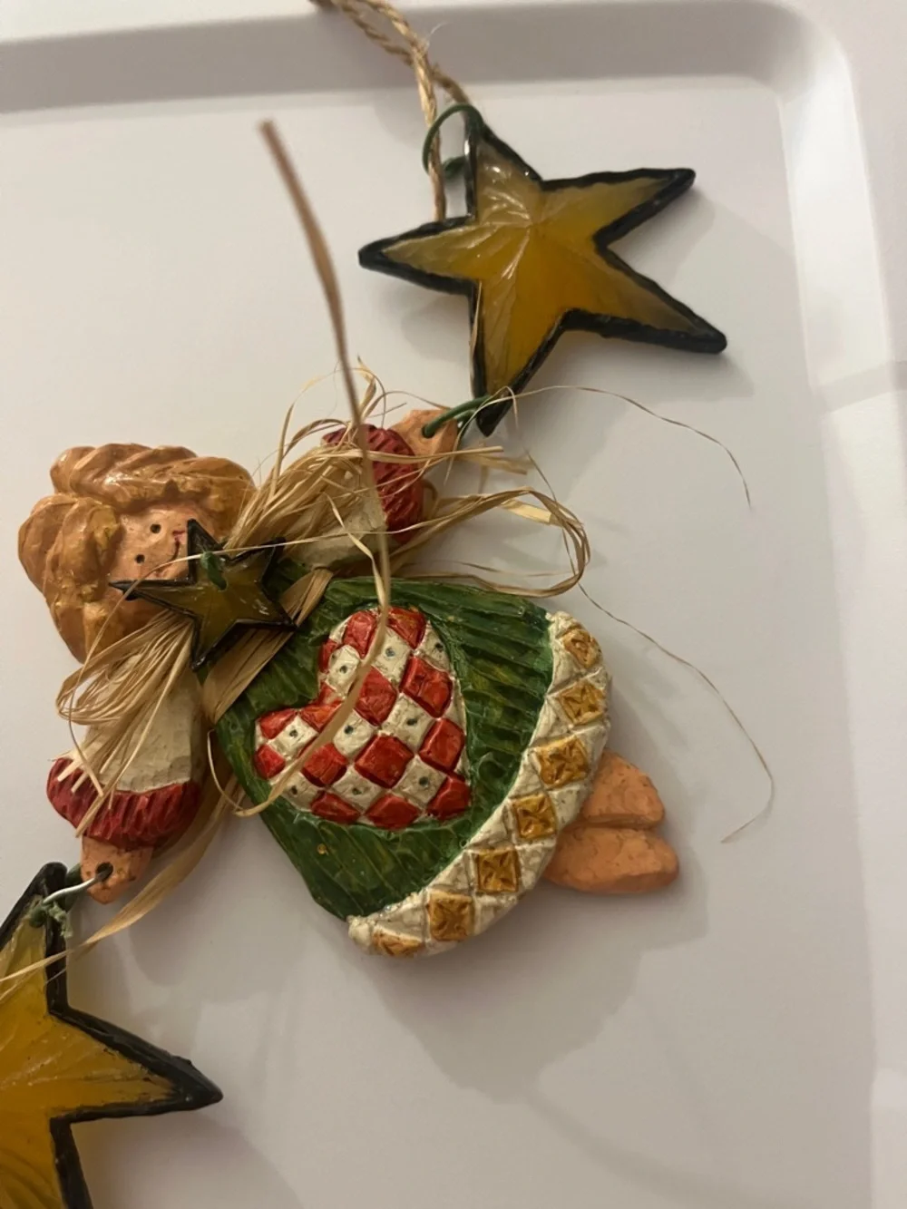Handcrafted Angel & Star Garland in Green and Gold - Rustic Holiday Decor